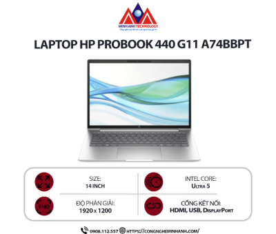 Laptop HP ProBook 440 G11 A74BBPT (Ultra 5 125H/ Ram 16GB/ SSD 512GB/ Windows 11 Pro/ 1Y/ Bạc)