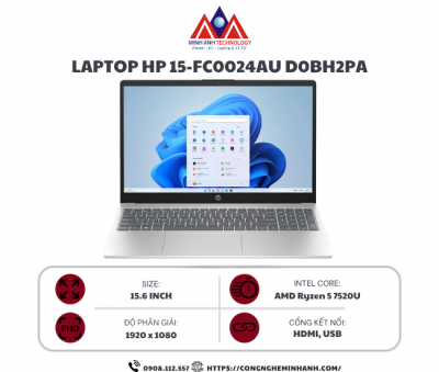 Laptop HP 15-fc0024AU - D0BH2PA (Ryzen 5 7520U/ 16GB/ 512GB/ Windows 11 Home)