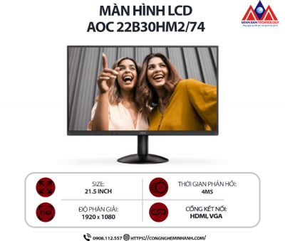 Màn hình máy tính AOC 22B30HM2/74 (21.5 inch VA/ 1920 × 1080/ 250 cd/m2/ 4ms/ 100Hz), bảo hành 24 tháng