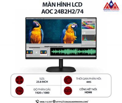 Màn hình máy tính AOC 24B2H2/74 (23.8 inch IPS/ 1920 × 1080/ 250 cd/m2/ 4ms/ 100Hz), bảo hành 24 tháng