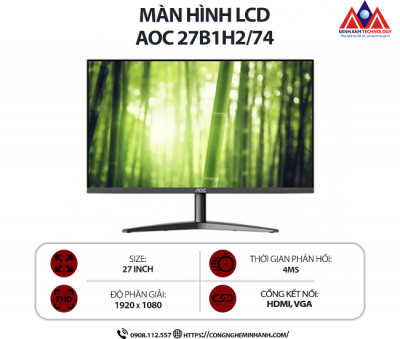 Màn hình máy tính AOC 27B1H2/74 (27 inch IPS/ 1920 × 1080/ 250 cd/m2/ 4ms/ 100Hz), bảo hành 24 tháng