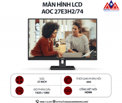 Màn hình máy tính AOC 27E3H2/74 (27 inch IPS/ 1920 × 1080/ 250 cd/m2/ 4ms/ 100Hz), bảo hành 24 tháng