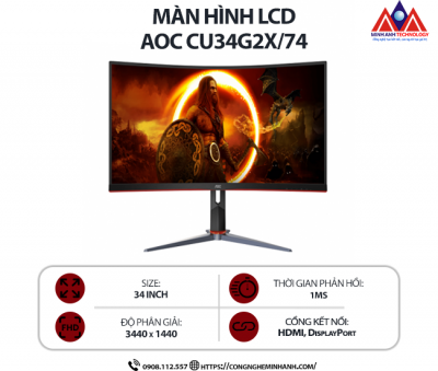 Màn hình máy tính AOC CU34G2X/74 (34 inch VA/ 3440 x 1440/ 300 cd/m2/ 1ms/ 144Hz), bảo hành 24 tháng