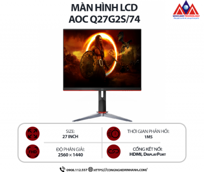 Màn hình máy tính AOC Q27G2S/74 (27 inch IPS/ 2560 × 1440/ 350 cd/m2/ 1ms/ 144Hz), bảo hành 24 tháng
