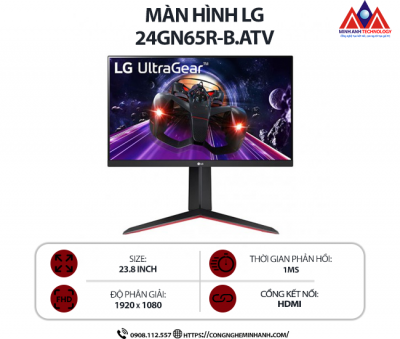 Màn hình máy tính LG 24GN65R-B.ATV (24 inch IPS/ 1920 x 1080/ 240 cd/m2/ 1ms/ 144Hz), bảo hành 24 tháng