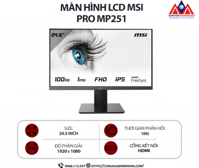 Màn hình máy tính MSI PRO MP251 (24.5 inch IPS/ 1920 x 1080/ 300 nits/ 1ms/ 100Hz), bảo hành 24 tháng