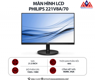 Màn hình máy tính Philips 221V8A/70 (21.5 inch VA/ 1920 x 1080/ 250 cd/m2/ 4ms/ 75Hz), bảo hành 24 tháng