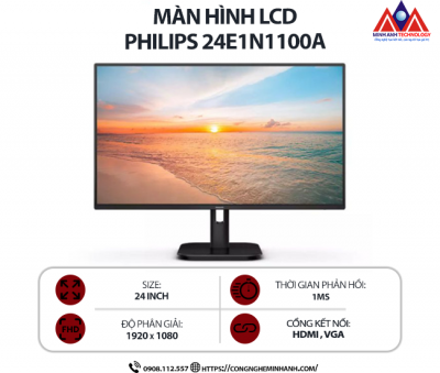 Màn hình máy tính Philips 24E1N1100A (24 inch IPS/ 1920 x 1080/ 250 cd/m2/ 1ms/ 100Hz), bảo hành 24 tháng