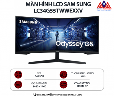 Màn hình máy tính Samsung Odyssey G5 LC34G55TWWEXXV (34 inch VA/ 3440 x 1440/ 250 cd/m2/ 1ms/ 165Hz/ Curved), bảo hành 24 tháng