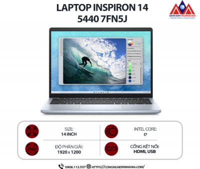 Laptop Dell Inspiron 14 5440 7FN5J (Core7 150U/ Ram 16GB/ SSD 1TB/ Windows 11/ Office/ 1Y/ Xanh)