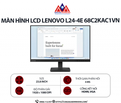 Màn hình máy tính Lenovo L24-4e 68C2KAC1VN (23.8 inch/ 1920 x 1080/ 250 cd/m2/ 4ms/ 100Hz), bảo hành 24 tháng