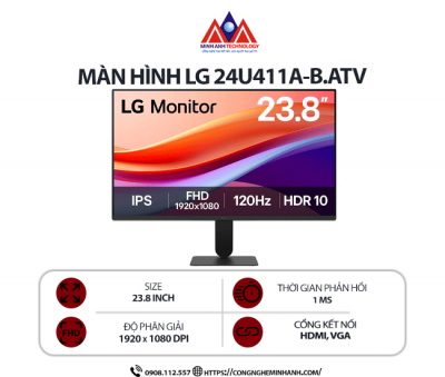 Màn hình máy tính LG 24U411A-B.ATVQ (23.8 inch/ 1920 x 1080/ 200 cd/m2/ 1ms/ 120Hz), bảo hành 24 tháng