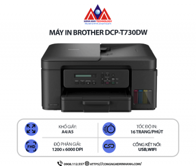 Máy in Brother DCP-T730DW - In phun màu đa năng, Scan, Copy, in tốc độ cao, in 2 mặt tự động, kết nối Wifi & cổng USB
