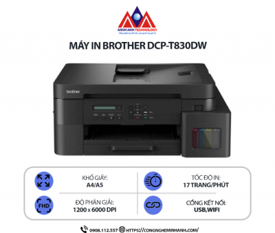 Máy in Brother DCP-T830DW - In phun màu đa năng, Scan, Copy, in tốc độ cao, in 2 mặt tự động, kết nối Wifi & cổng USB