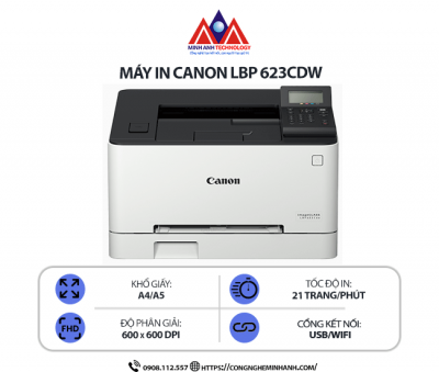 Máy in Canon LBP 623CDW - In laser màu đơn năng, kết nối USB/Wi-Fi, in khổ A4/A5, in đảo mặt tự động, in tốc độ cao