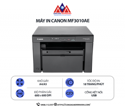 Máy in Canon MF3010AE - In laser trắng đen đơn năng, Scan, Copy, kết nối cổng USB, in tốc độ cao