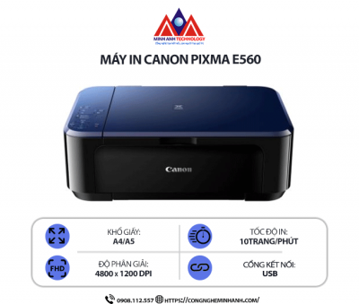 Máy in Canon PIXMA E560 - In phun màu đa năng Print/Copy/Scan, kết nối USB/LAN, in khổ A4/A5, tiết kiệm mực