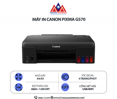 Máy in Canon PIXMA G570 - In phun màu đơn năng, kết nối USB/Wi-Fi, in khổ A4/A5, tiết kiệm mực