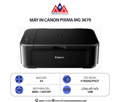 Máy in Canon Pixma MG3670 – In phun màu đa năng, in – scan – copy, kết nối WiFi/USB, in khổ A4 tốc độ cao