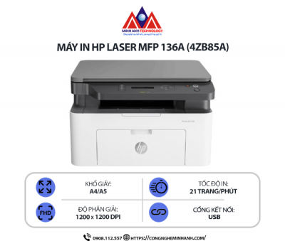 Máy in HP Laser MFP 136A (4ZB85A) - In laser trắng đen đa năng, In, Scan, Copy, Kết nối cổng USB