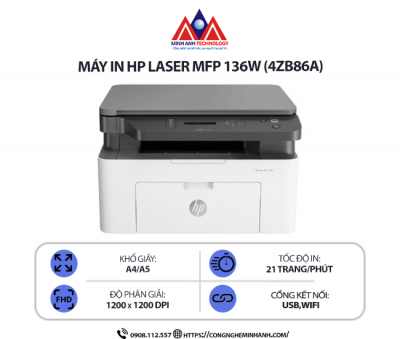 Máy in HP Laser MFP 136W (4ZB86A) - In Laser Trắng Đen Đa Năng, Scan, Copy, Kết Nối Cổng Wi-Fi, In Qua Điện Thoại