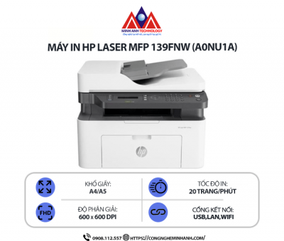 Máy in HP Laser  MFP 139FNW (A0NU1A) - In laser trắng đen đa năng, Scan, Copy, Fax, kết nối WIFI/USB/LAN, tiết kiệm mực