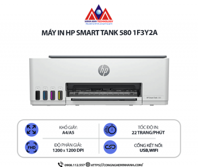 Máy in HP Smart Tank 580 1F3Y2A - In phun màu đa năng, Scan, Copy, kết nối WIFI/USB, in qua điện thoại, tiết kiệm mực