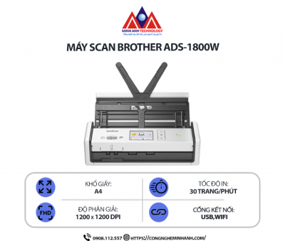 Máy Scan Brother ADS-1800W - Scan Tài Liệu  2 Mặt Tự Động, Kết Nối WiFi, Tốc Độ Cao, Khay ADF 50 Tờ