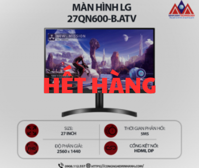 Màn hình máy tính LG 27QN600-B.ATV (27 inch IPS/ 2560 x 1440/ 350 cd/m2/ 5ms/ 75Hz), bảo hành 24 tháng