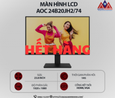Màn hình máy tính AOC 24B20JH2/74 (23.8 inch IPS/ 1920 x 1080/ 250 cd/m2/ 1ms/ 100Hz), bảo hành 24 tháng