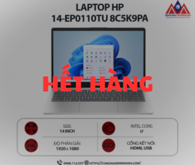 Laptop HP 14-ep0110TU 8C5K9PA (i7 1355U/ Ram 16GB/ SSD 512GB/ Windows 11/ 1Y/ Bạc)