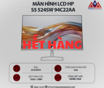 Màn hình máy tính HP S5 524sw 94C22AA (23.8 inch IPS/ 1920 x 1080/ 300 nits/ 5ms/ 100Hz), bảo hành 24 tháng