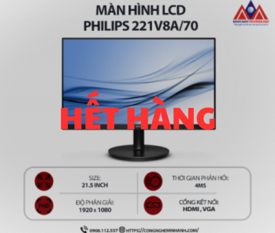 Màn hình máy tính Philips 221V8A/70 (21.5 inch VA/ 1920 x 1080/ 250 cd/m2/ 4ms/ 75Hz), bảo hành 24 tháng