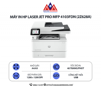 Máy in HP Laser Jet Pro MFP 4103FDN (2Z628A)  – In laser trắng đen đa năng, in 2 mặt tự động, scan, copy, fax, kết nối mạng LAN