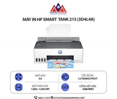 Máy in HP Smart Tank 215 (3D4L4A) – In Phun Màu, Scan, Copy, In Không Viền, Kết Nối Cổng USB
