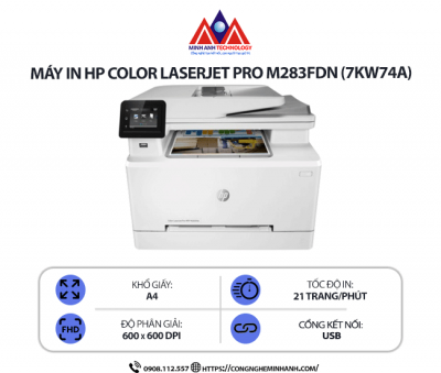 Máy in HP Color LaserJet Pro M283FDN (7KW74A) - In màu laser đa chức năng, scan, copy, fax, in 2 mặt tự động, kết nối mạng LAN