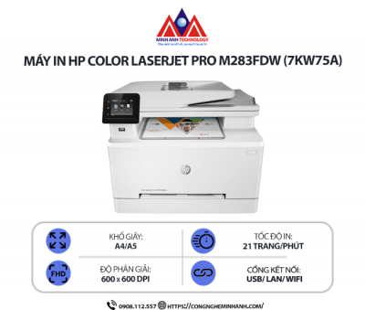 Máy in HP Color LaserJet Pro M283FDW (7KW75A) - In màu laser đơn năng, scan, copy, fax, in 2 mặt tự động, kết nối mạng Wifi