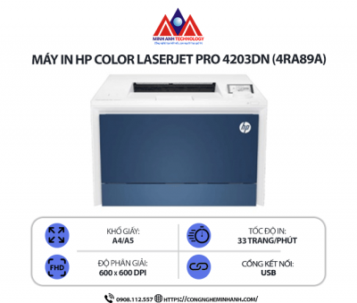 Máy in HP Color LaserJet Pro 4203DN (4RA89A) - In màu Laser đơn năng, in 2 mặt tự động, kết nối mạng LAN