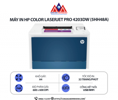 Máy in HP Color LaserJet Pro 4203DW (5HH48A) - In màu laser đơn năng, in 2 mặt tự động,  kết nối mạng Wifi, in qua điện thoại