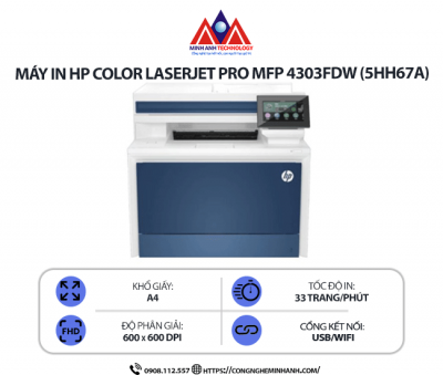 Máy in HP Color LaserJet Pro MFP 4303FDW (5HH67A) - In laser màu, in 2 mặt tự động, scan, copy, fax, kết nối mạng Wifi, in qua điện thoại