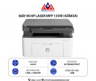 Máy in HP Laser MFP 135W (4ZB83A) – In laser trắng đen đa năng, scan, copy, kết nối mạng WiFi, in qua điện thoại