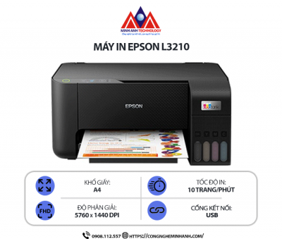 Máy in Epson L3210 – In phun màu đa năng, Scan, Copy, in không viền, kết nối cổng USB