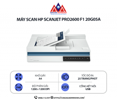 Máy Scan HP ScanJet Pro 2600 f1 20G05A - Scan tài liệu 2 mặt tự động, kết nối cổng USB, tốc độ cao, khay ADF 60 tờ