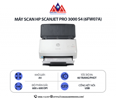 Máy Scan HP ScanJet Pro 3000 S4 (6FW07A) - Scan tài liệu 2 mặt tự động, kết nối cổng USB, tốc độ cao, khay ADF 50 tờ