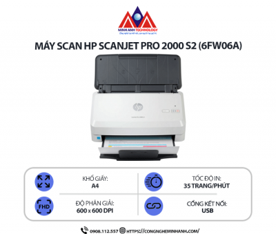 Máy Scan HP ScanJet Pro 2000 s2 (6FW06A) - Scan tài liệu 2 mặt tự động, kết nối cổng USB, tốc độ cao, khay ADF 50 tờ