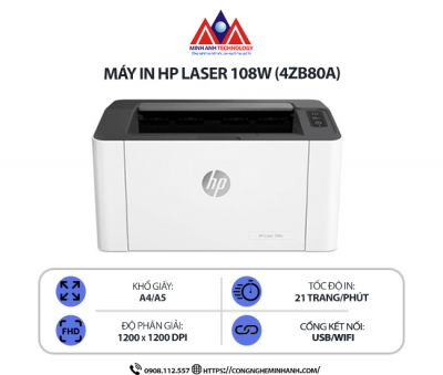 Máy in HP Laser 108W (4ZB80A) – In laser trắng đen, kết nối mạng WiFi, in qua điện thoại, tốc độ cao 20 trang/phút