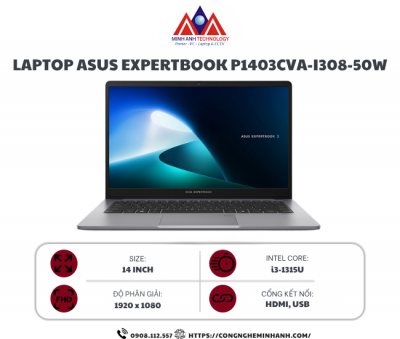 Laptop ASUS ExpertBook P1403CVA-i308-50W (Intel Core i3-1315U/ Intel UHD/ 14 inch FHD/ 8GB/ 512GB/ Win 11/ Xám)