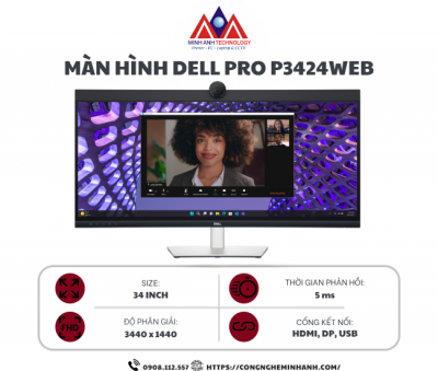 Màn hình Dell Pro P3424WEB (34 inch/ WQHD/ IPS/ 60Hz/ USB-C/ LAN/ Webcam 4MP/ Black/ 3Y)