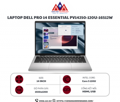Laptop Dell Pro 14 Essential PV14250 120U 16512W (Core 5 120U/ 16GB/ 512GB SSD/ 14 inch FHD+/ Win11/ Platinium Silver/ 2Y)