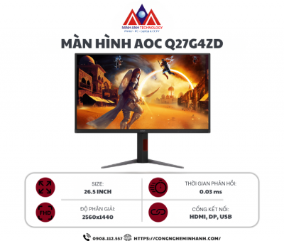 Màn Hình Gaming AOC Q27G4ZD (26.5 inch/ QD OLED/ 2K/ 240Hz/ 0.03ms)